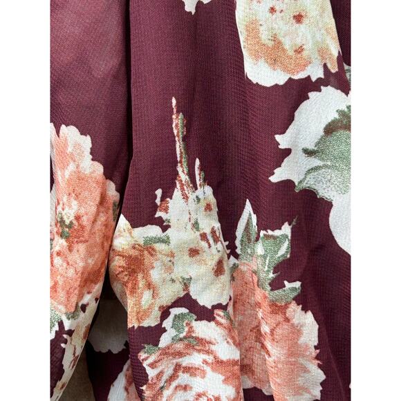 Wilde Floral Boho Dress Large Off Shoulder Burgundy Sheer‎ Ruffle Sleeve Cottage - Picture 7 of 8